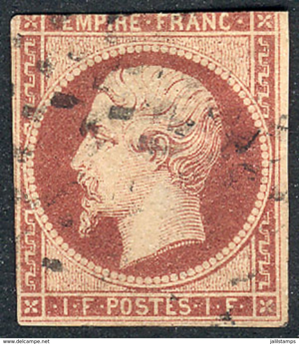 FRANCE: Yv.18, 1852 Napoleon III 1Fr. Carmine, Example With Little Defects But Very Collectable, Good Opportunity, Catal - Other & Unclassified