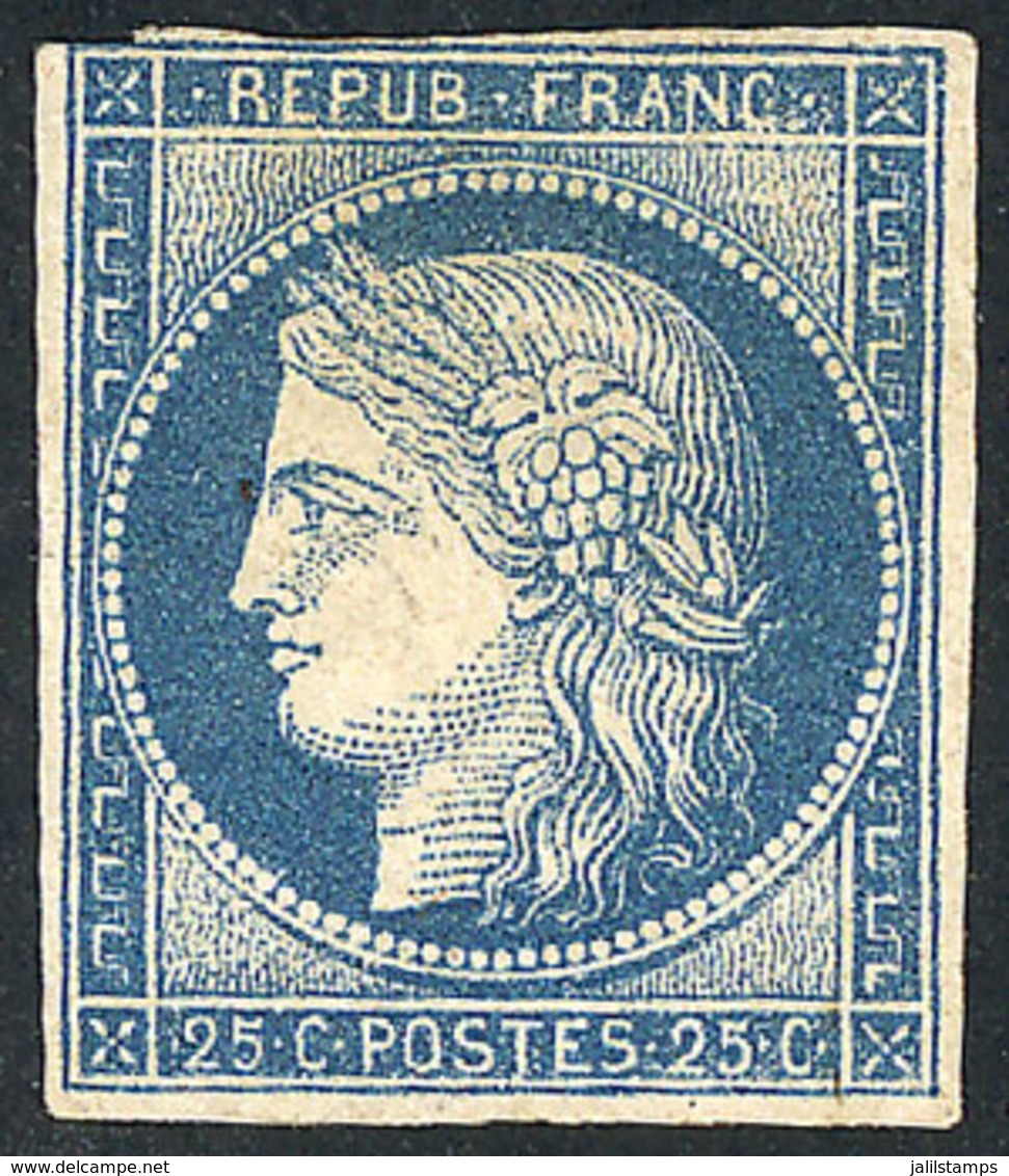 FRANCE: Yvert 4, 1850 25c. Blue, Mint Without Gum, With 3 Ample Margins And One Partially Good, Handsome, Rare, Catalog  - Other & Unclassified