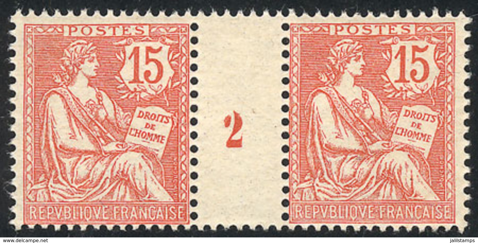 FRANCE: Yvert 125, 1902 15c. Vermilion, Pair With Gutter Numbered "2", MNH, VF. The Catalog Value Of 2 MNH Stamps Is Eur - Other & Unclassified