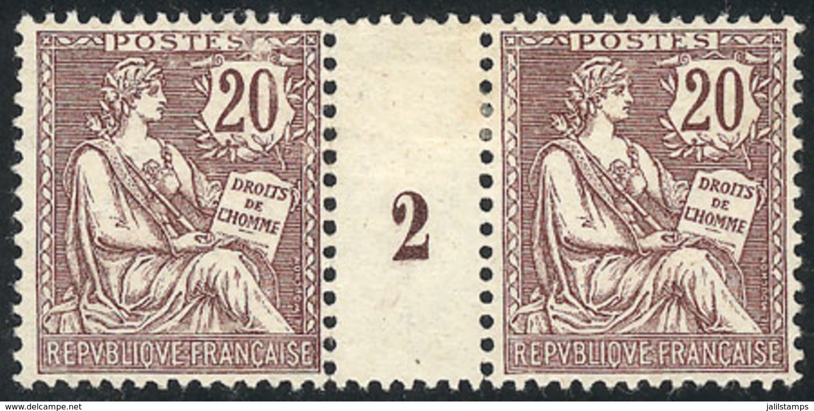 FRANCE: Yvert 126, 1902 20c. Chestnut-violet, Pair With Gutter Numbered "2", Mint Without Gum, VF. The Catalog Value Of  - Otros & Sin Clasificación