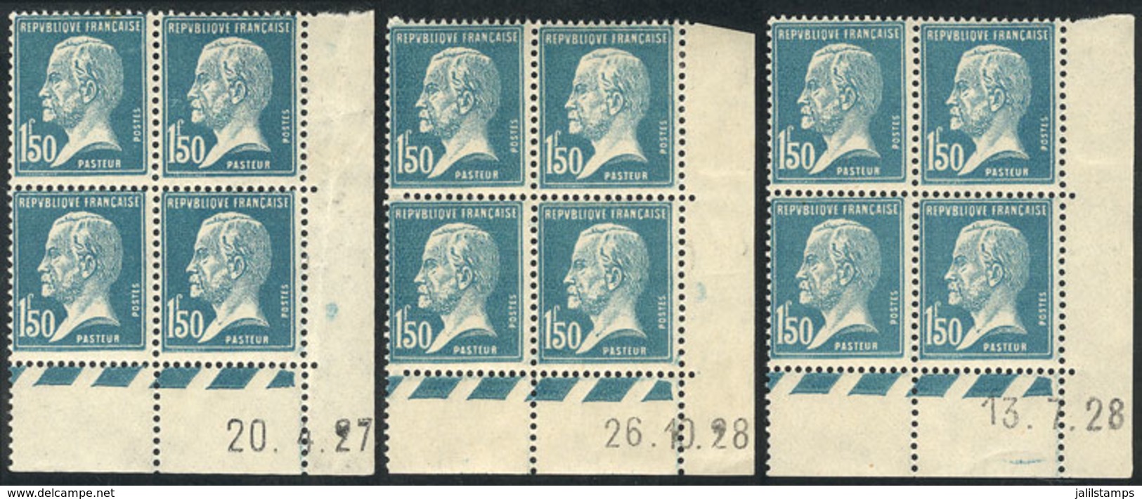 FRANCE: Yvert 181, 1923 Pasteur 1.50Fr., 3 Corner Blocks Of 4 With Date, MNH, With Small Hinge Mark In The Sheet Margin  - Otros & Sin Clasificación