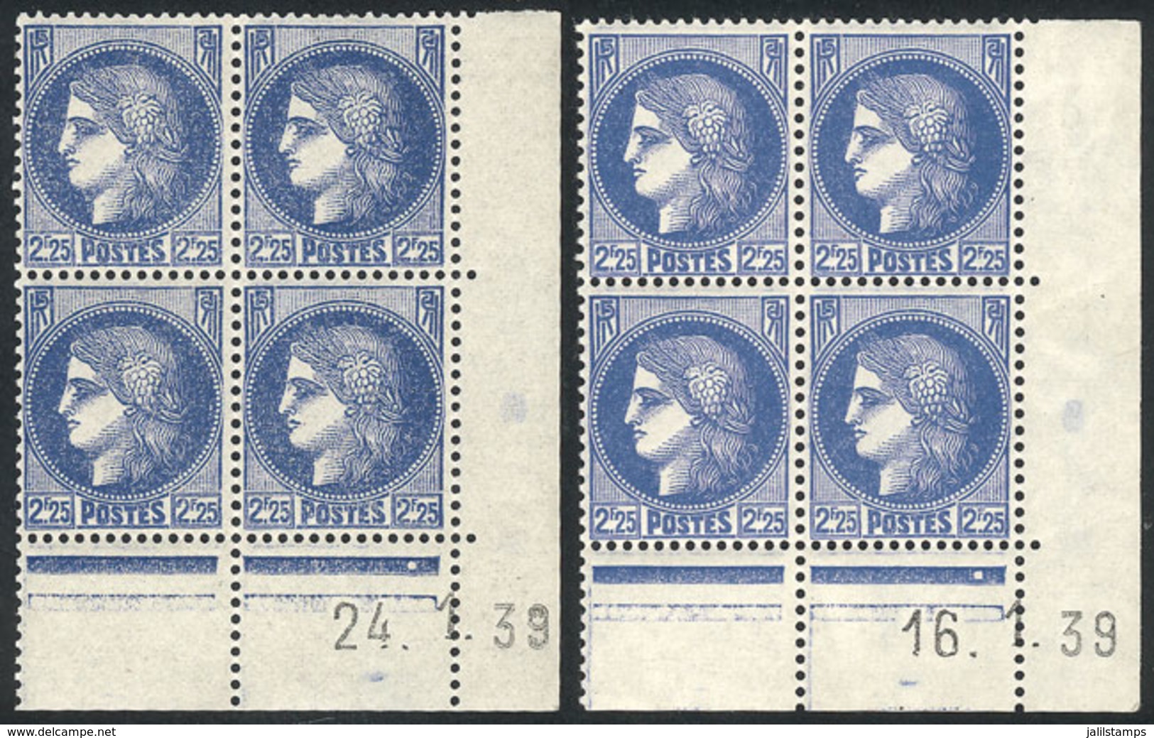 FRANCE: Yvert 374, 1938 Ceres 2.25Fr. Ultramarine, 2 MNH Blocks Of 4 In Different Shades (one With Tiny Hinge Marks In T - Other & Unclassified