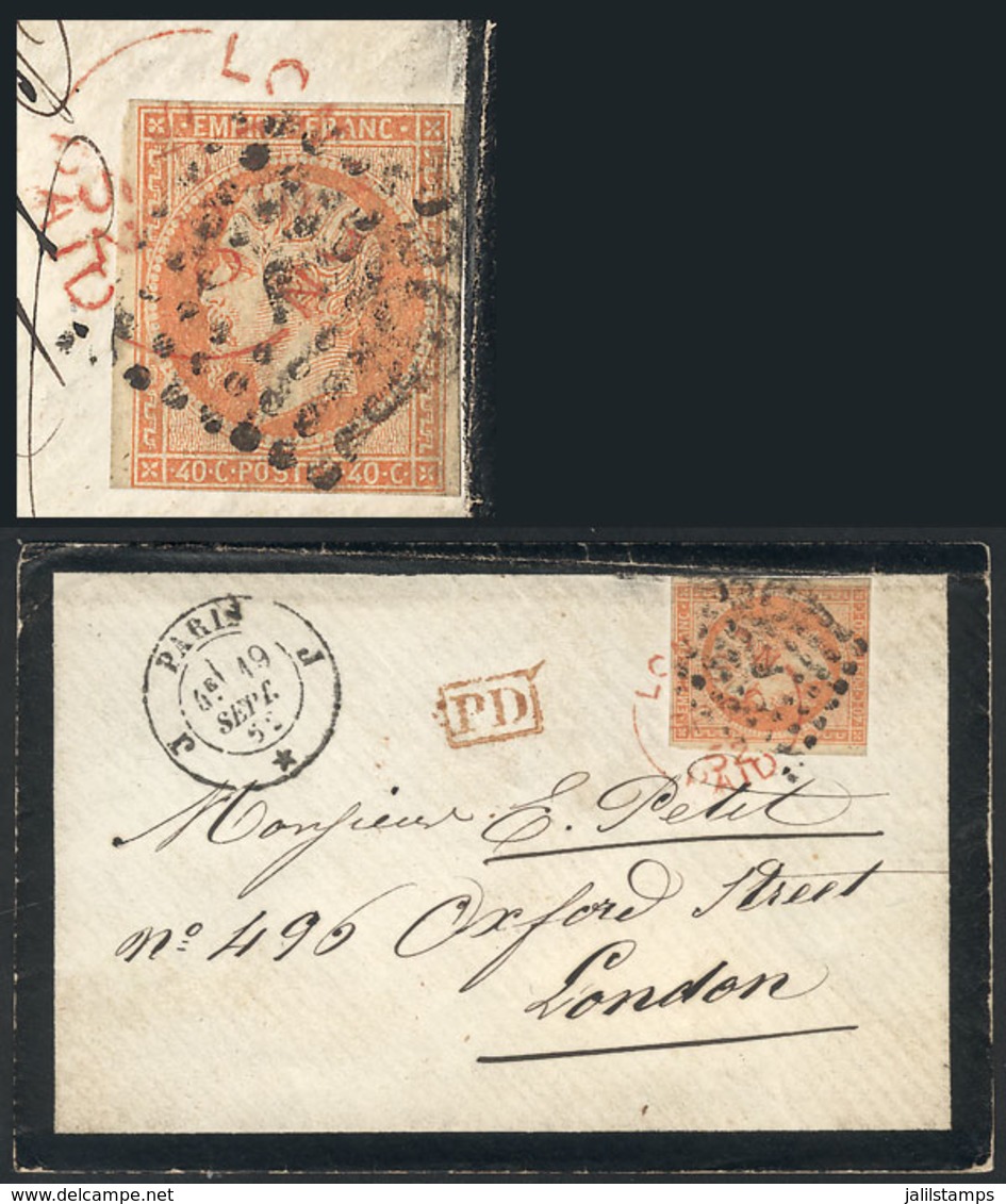 FRANCE: Mourning Cover Sent From Paris To London On 18/SE/1862, Franked With 40c. (Sc.18), With Dotted Cancel Of Paris + - Autres & Non Classés