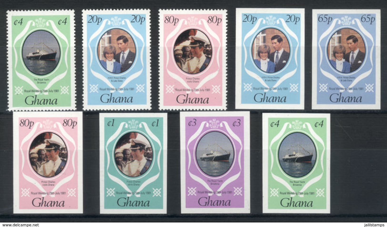 GHANA: Yv.708/10, 1981 Lady Diana, Perforated And IMPERFORATE Set. Also Yv.711/3 IMPERFORATE, Excellent Quality! - Ghana (1957-...)