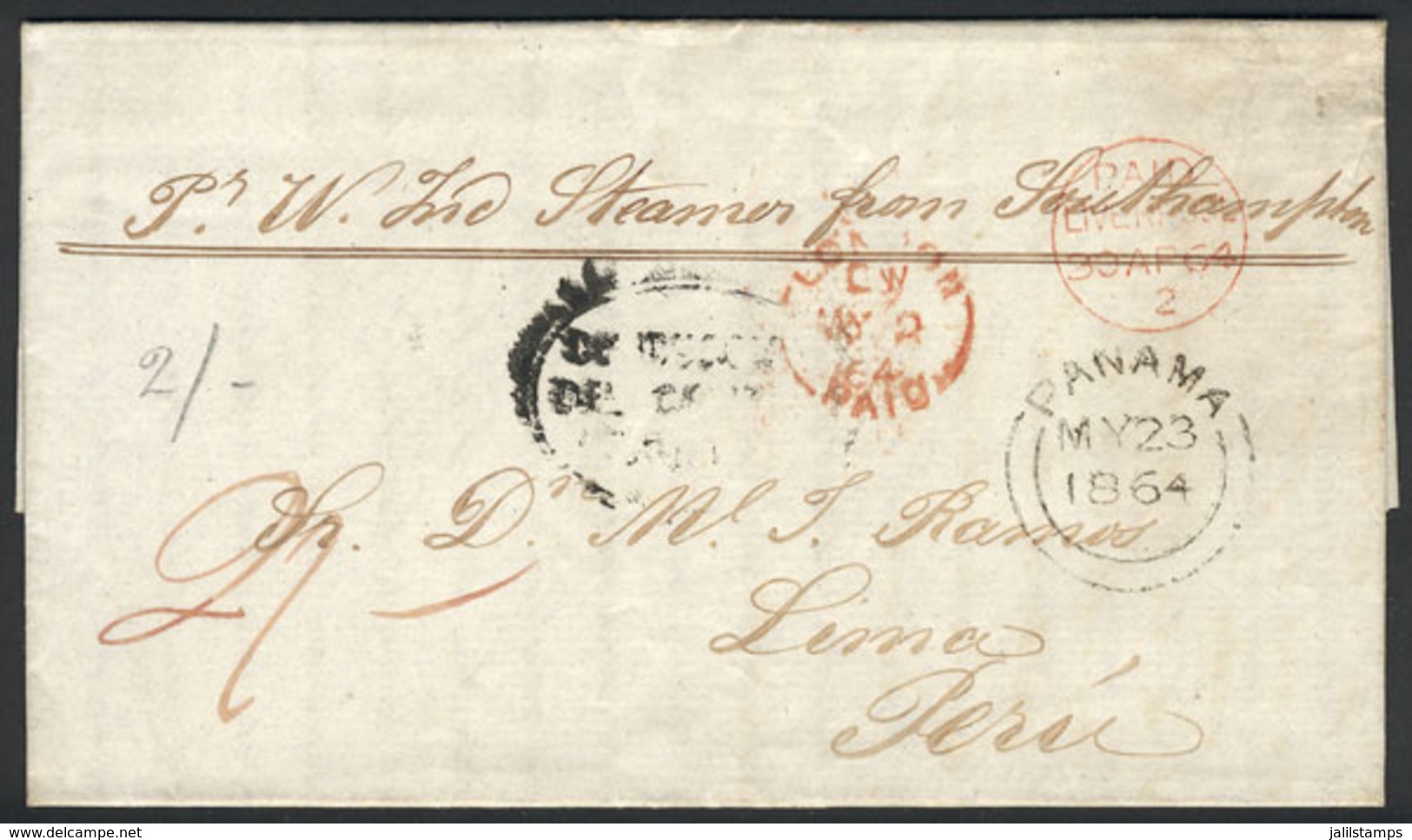 GREAT BRITAIN: Entire Letter Sent Stampless From Liverpool To Lima On 30/AP/1864, With Manuscript "2/" Due Mark, Red "PA - Andere & Zonder Classificatie