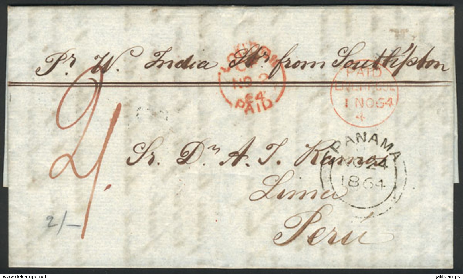 GREAT BRITAIN: Entire Letter Sent From Liverpool To Lima On 1/NO/1864, With Manuscrip "2/" Due Mark, "PAID LIVERPOOL" In - Otros & Sin Clasificación