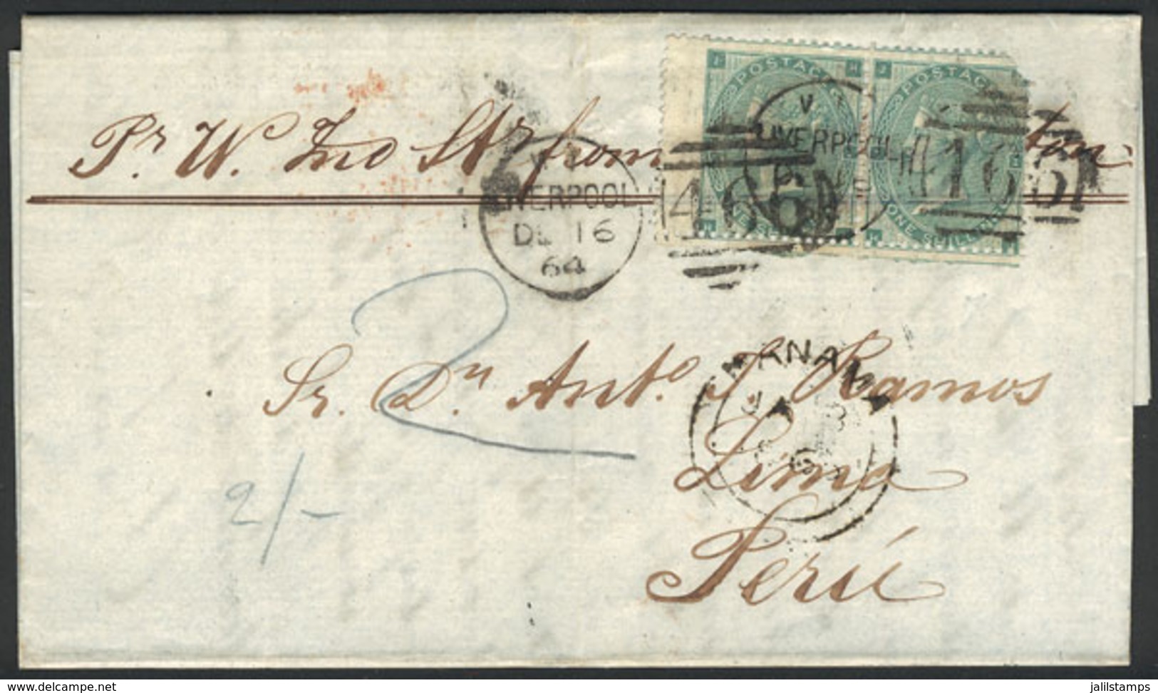 GREAT BRITAIN: Entire Letter Sent From Liverpool To Lima On 16/DE/1864 Franked With Pair Sc.42 (one With Corner Defect)  - Other & Unclassified