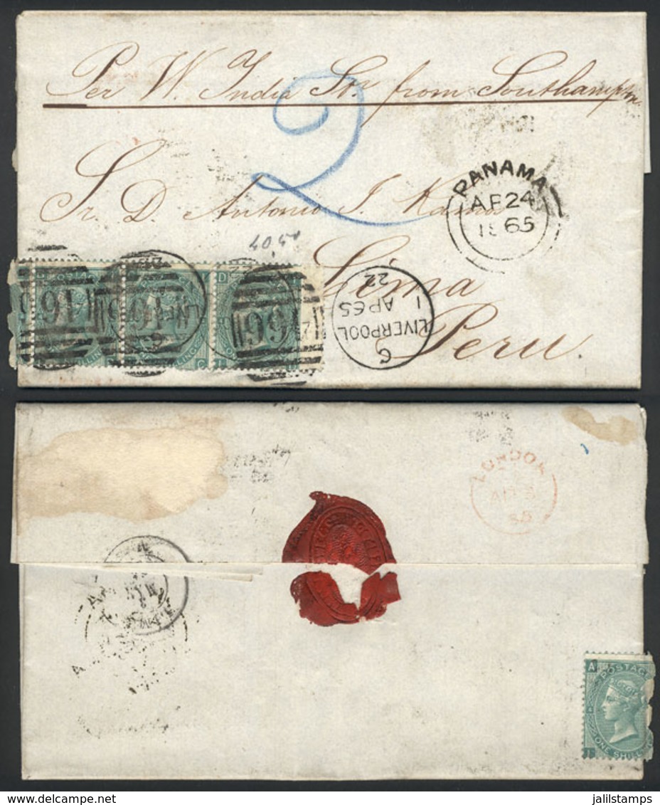 GREAT BRITAIN: Entire Letter Sent From Liverpool To Lima On 1/AP/1865 Franked With Strip Of 4 Of Sc.48 (the Left Stamp F - Other & Unclassified