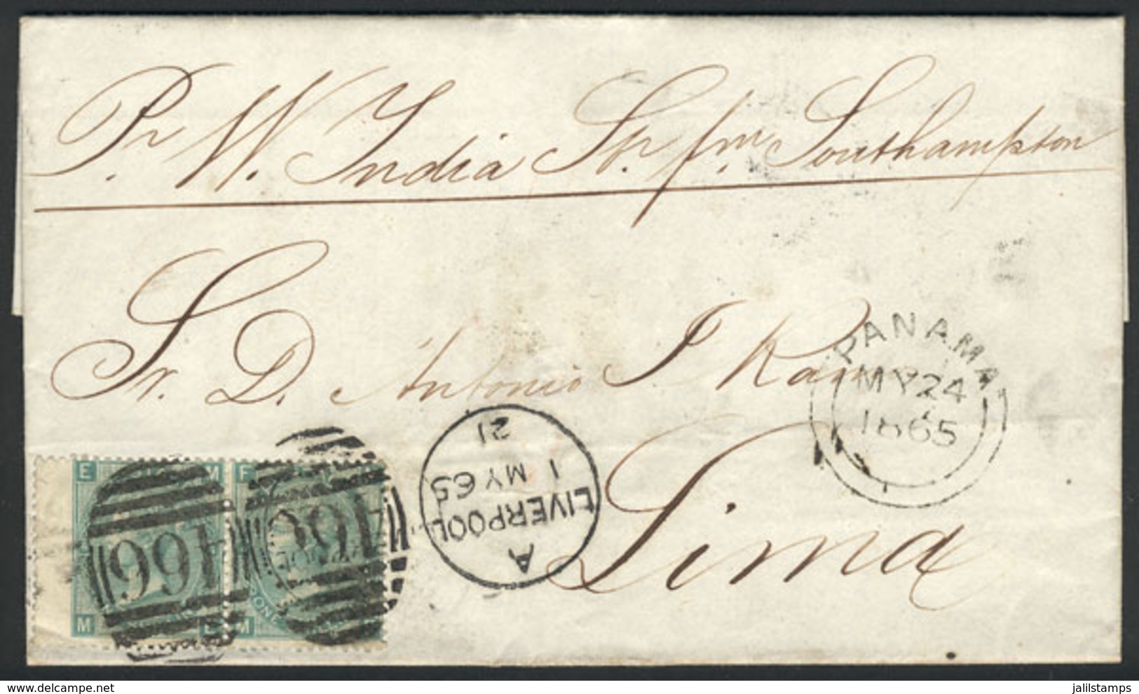 GREAT BRITAIN: Entire Letter Sent From Liverpool To Lima On 1/MAY/1865 Franked With Pair Sc.48 And Duplex Cancel "466",  - Autres & Non Classés