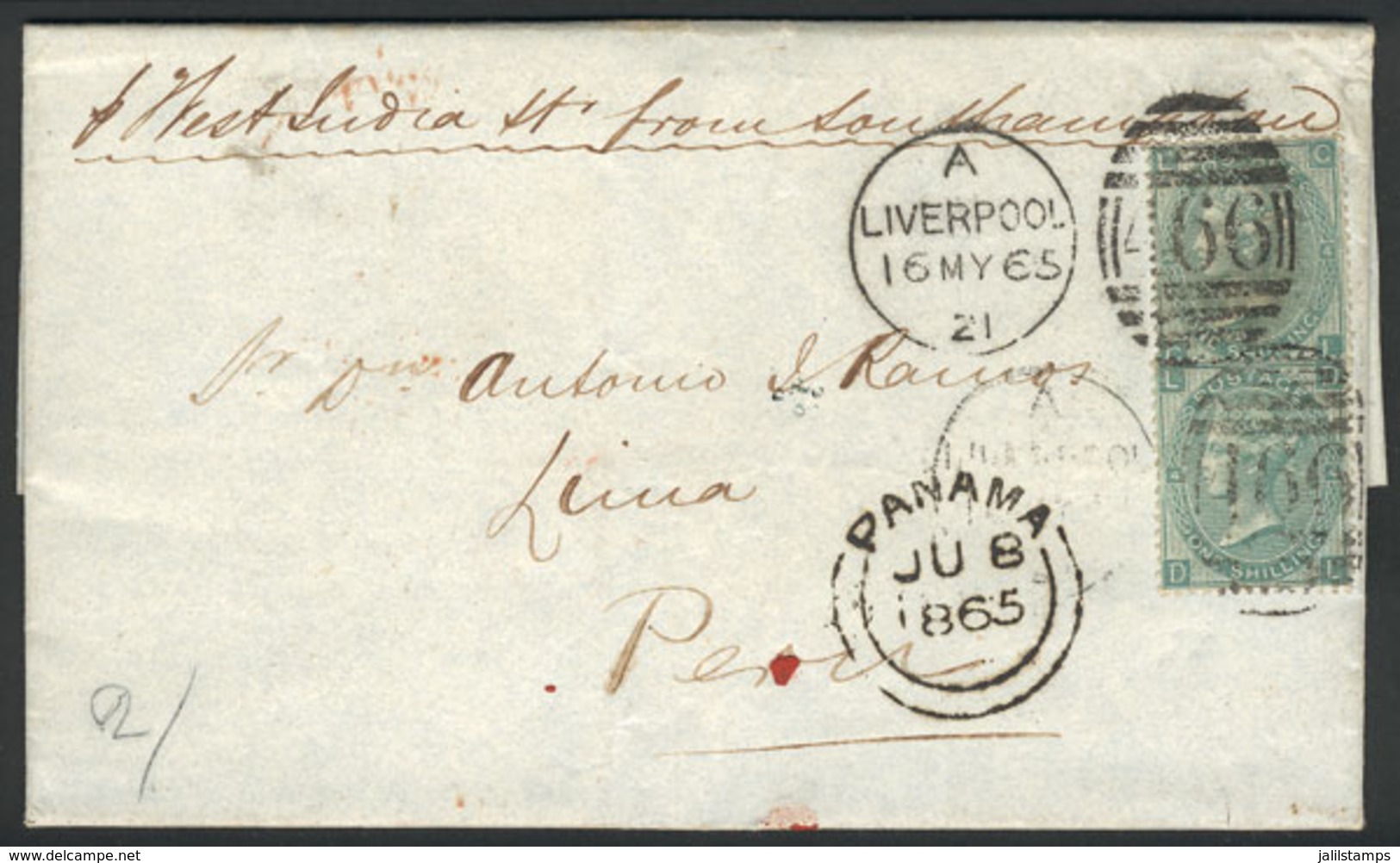 GREAT BRITAIN: Entire Letter Sent From Liverpool To Lima On 16/MAY/1865 Franked With Pair Sc.48 And Duplex Cancel "466", - Other & Unclassified