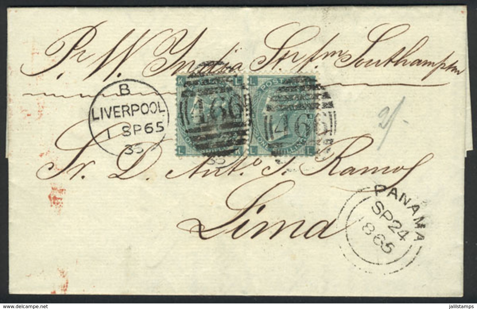 GREAT BRITAIN: Entire Letter Sent From Liverpool To Lima On 1/SE/1865 Franked With Pair Sc.48 And Duplex Cancel "466", P - Sonstige & Ohne Zuordnung