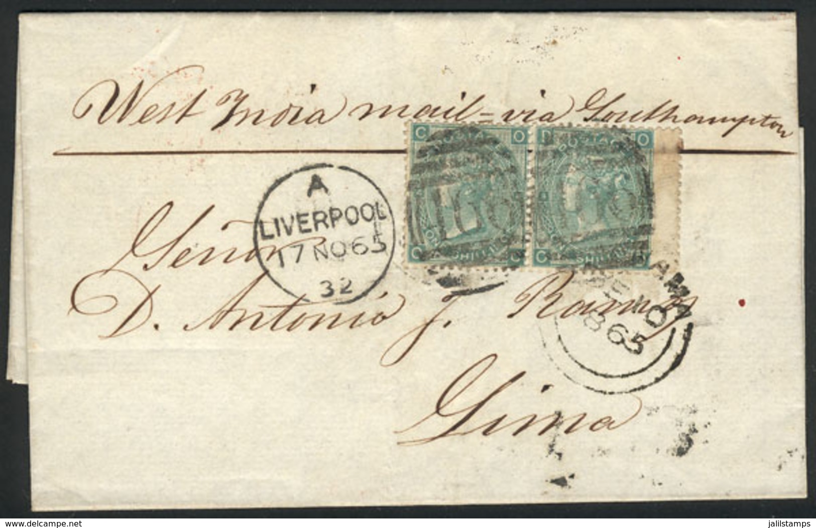 GREAT BRITAIN: Entire Letter Sent From Liverpool To Lima On 17/NO/1865 Franked With Pair Sc.48 And Duplex Cancel "466",  - Otros & Sin Clasificación