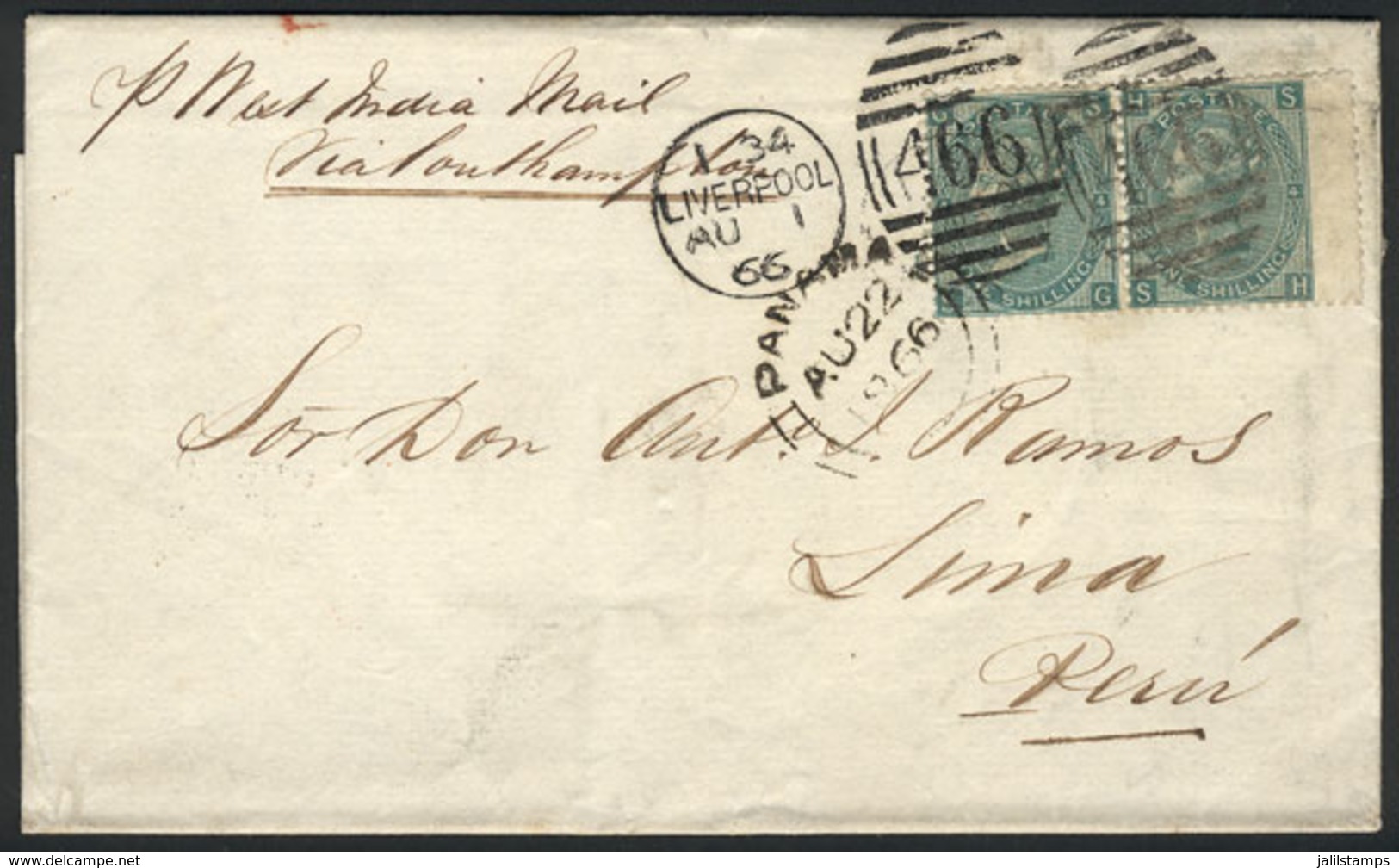 GREAT BRITAIN: Entire Letter Sent From Liverpool To Lima On 1/AU/1866 Franked With Pair Sc.48 And Duplex Cancel "466", W - Andere & Zonder Classificatie