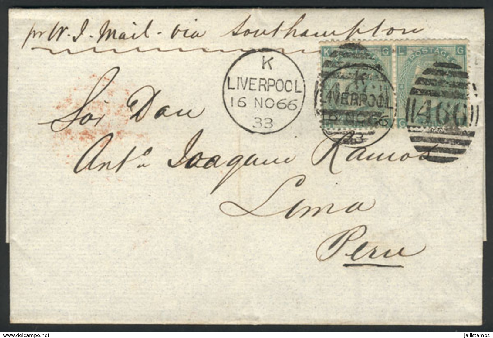 GREAT BRITAIN: Entire Letter Sent From Liverpool To Lima On 15/NO/1866 Franked With Pair Sc.48 And Duplex Cancel "466",  - Other & Unclassified