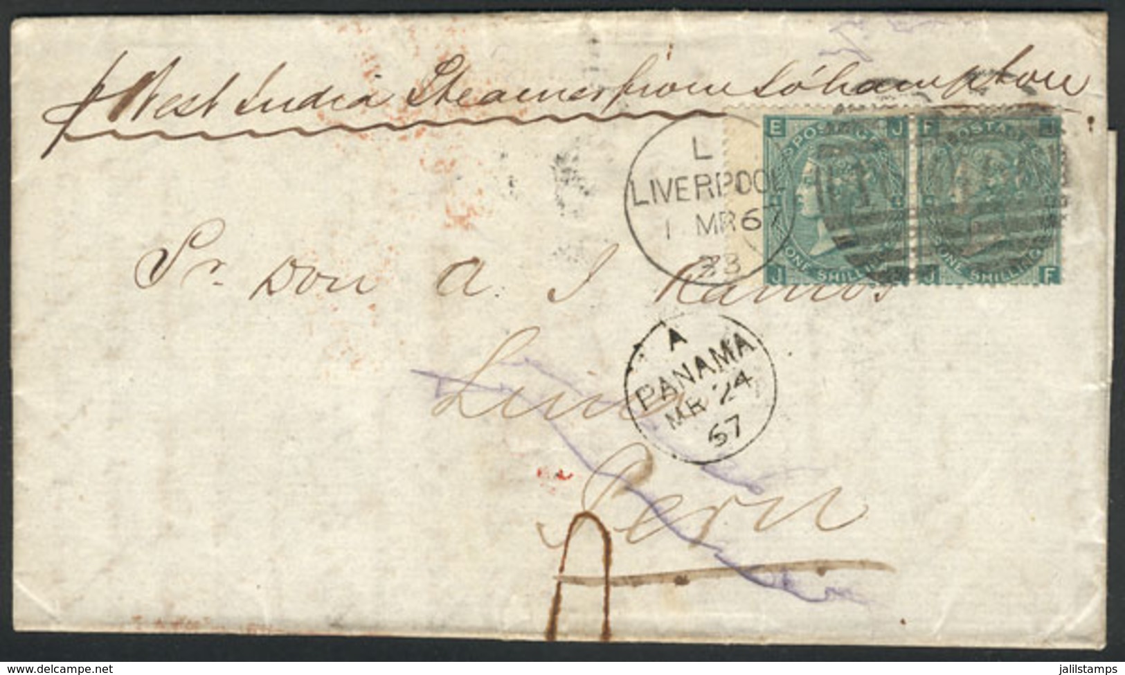 GREAT BRITAIN: Entire Letter Sent From Liverpool To Lima On 1/MAR/1867 Franked With Pair Sc.48 And Duplex Cancel "466",  - Other & Unclassified