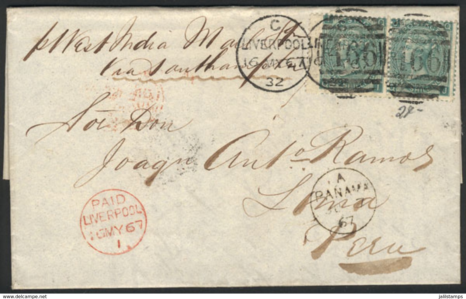 GREAT BRITAIN: Entire Letter Sent From Liverpool To Lima On 16/MAY/1867 Franked With Pair Sc.48 And Duplex Cancel "466", - Otros & Sin Clasificación