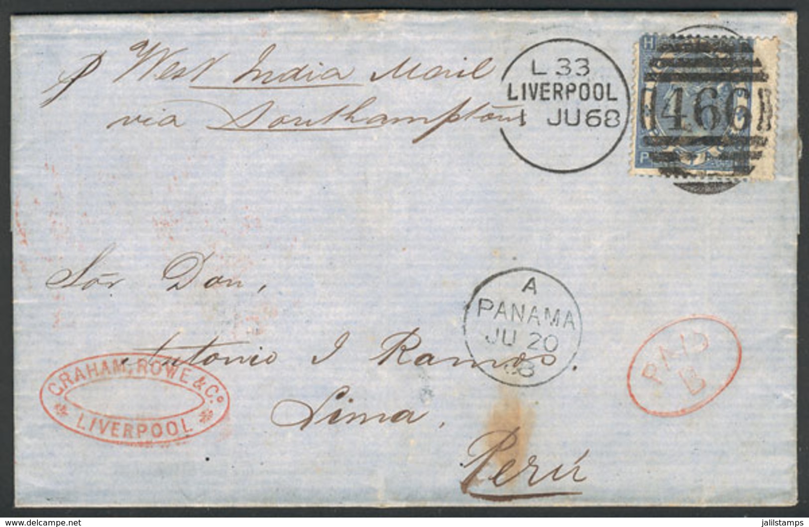 GREAT BRITAIN: Entire Letter Sent From Liverpool To Lima On 1/JUN/1868 Franked With Sc.55 With Duplex Cancel "466", Pana - Other & Unclassified