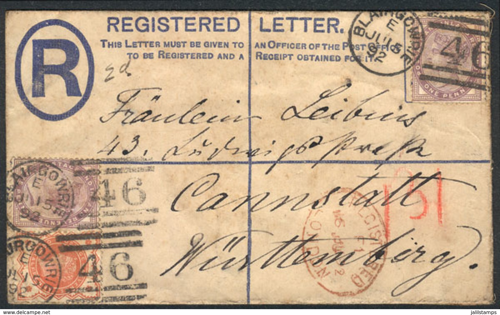 GREAT BRITAIN: Registered Cover Sent To Germany On 15/JUL/1892, Very Nice! - Otros & Sin Clasificación