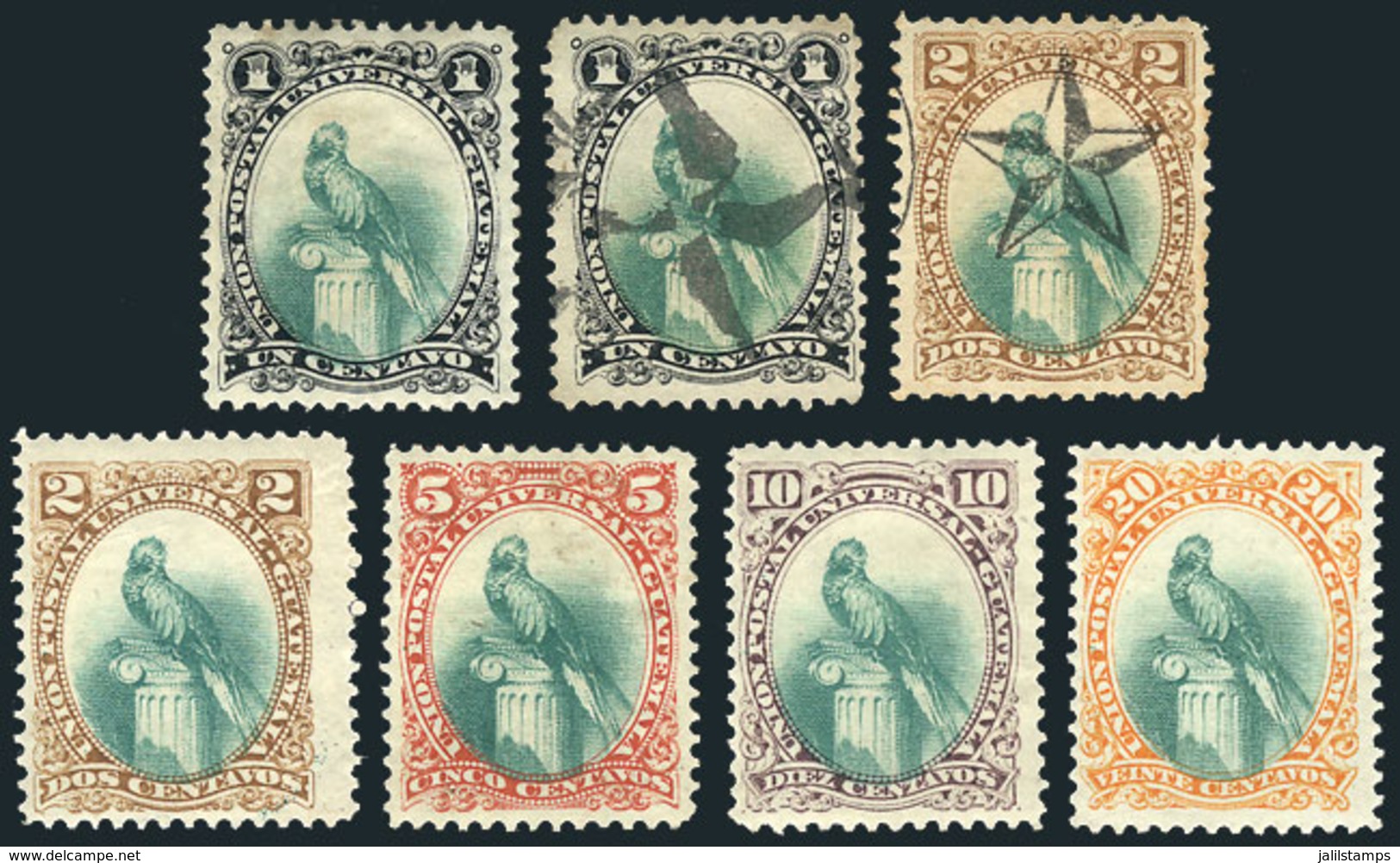 GUATEMALA: Sc.21/25, 1881 Quetzal Bird, Cmpl. Set Of 5 Mint Values, Also 2 Low Values Used With Nice Mute Cancels! - Guatemala