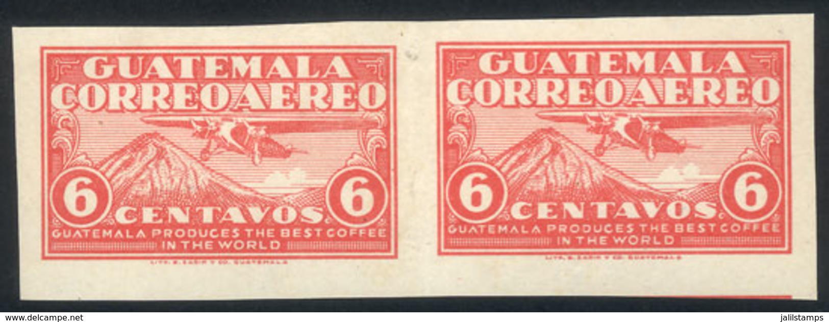 GUATEMALA: Yvert A.6, 1930 Fokker Airplane, IMPERFORATE PAIR (Sc.7b, US$350), Mint Without Gum, VF, Rare! - Guatemala
