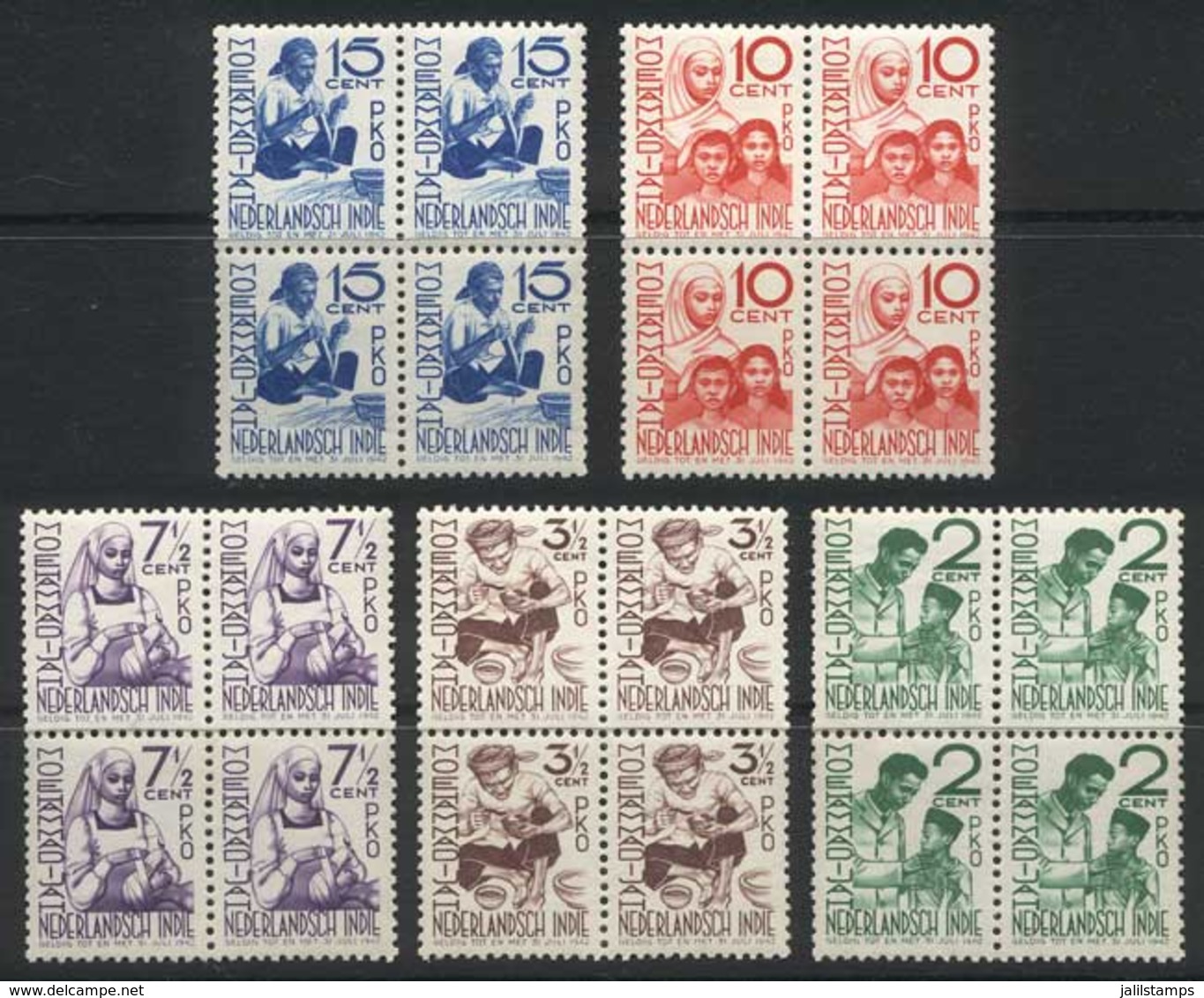 NETHERLANDS INDIES: Yvert 273/7, 1941 Aid, Medicine, Compl. Set Of 5 Values, Mint Never Hinged BLOCKS OF 4, Superb, Cata - Nederlands-Indië