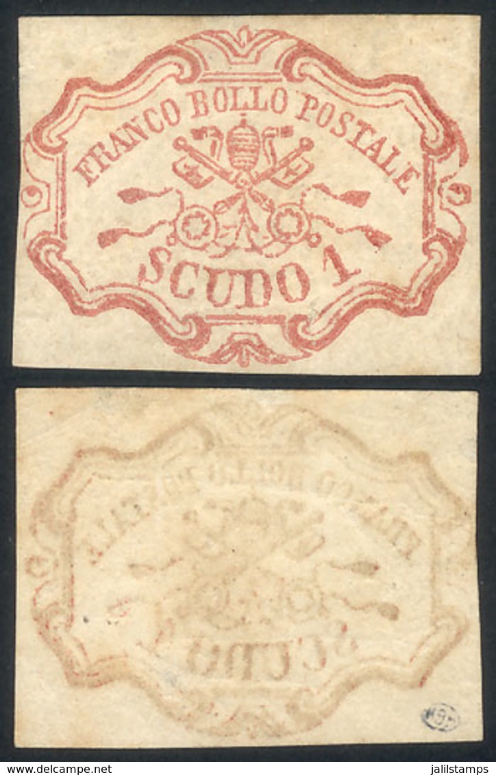 ITALY: Yv.11, 1852/64 1S. Red, Ample Margins And Beautiful Appeal. It Has 3 Little Hard-to-see Thin Spots On Back, Truly - Estados Pontificados