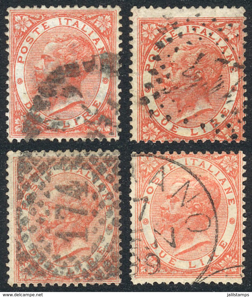 ITALY: Yv.21, 1863/77 2L. Red, 4 Examples With Different Cancels, VF Quality, Catalog Value Euros 240. - Sin Clasificación