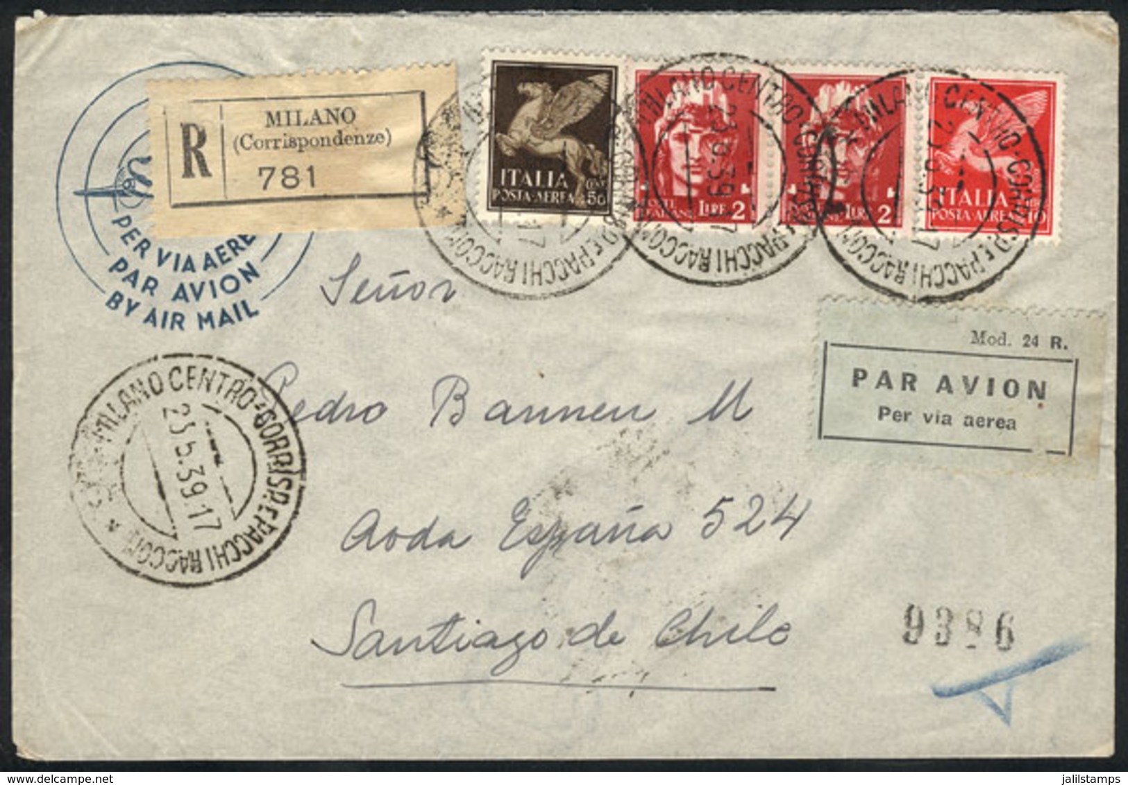 ITALY: Registered Airmail Cover Sent From Milano To Santiago De Chile On 23/JUN/1939 Franked With 14.50L., Excellent Qua - Sin Clasificación