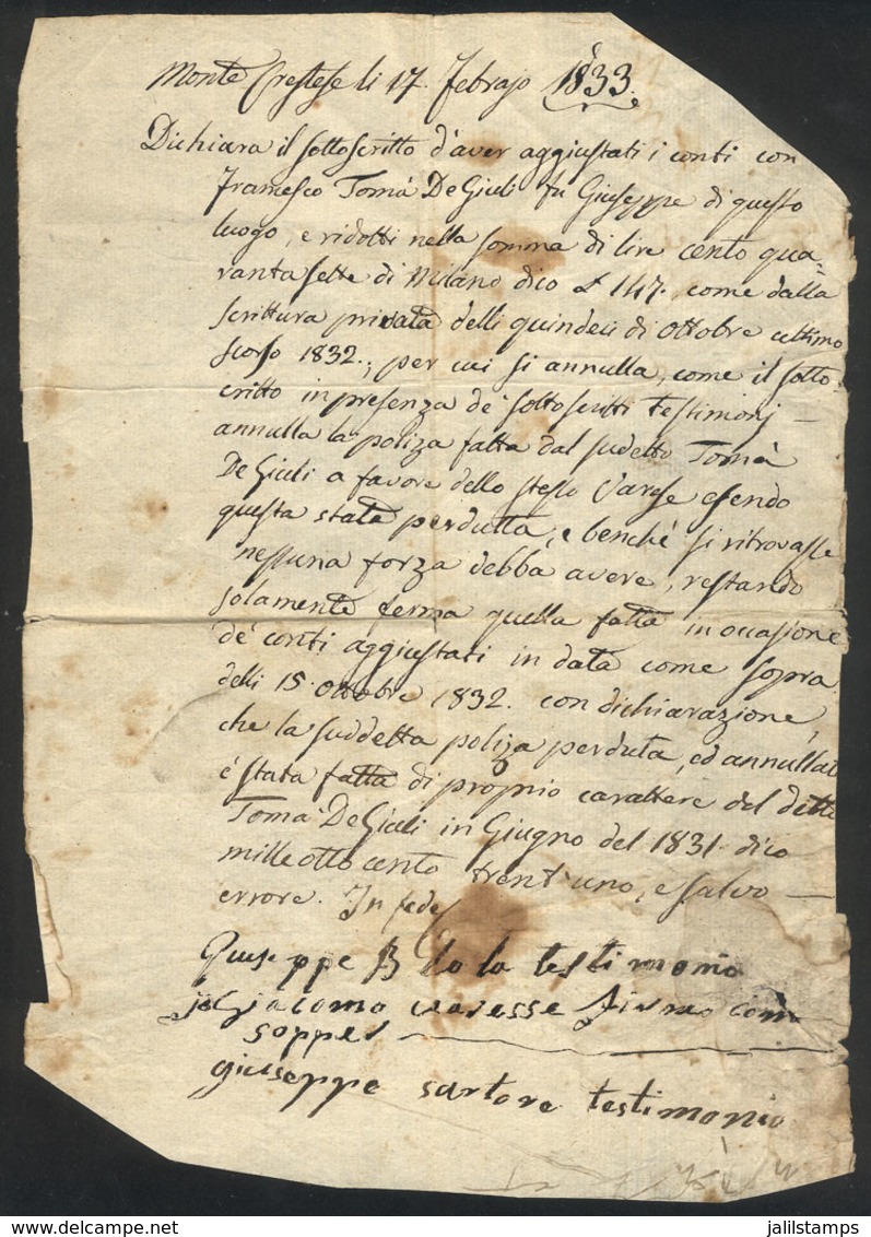 ITALY: Hand-written Document Of The Year 1833 Related To A Resident Of Montecrestese, Interesting! - Unclassified