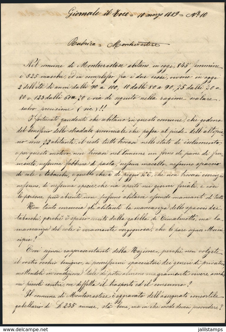 ITALY: Interesting Hand-written Document Of The Year 1889 Related To The Municipality Of Montecrestese, VF Quality! - Zonder Classificatie