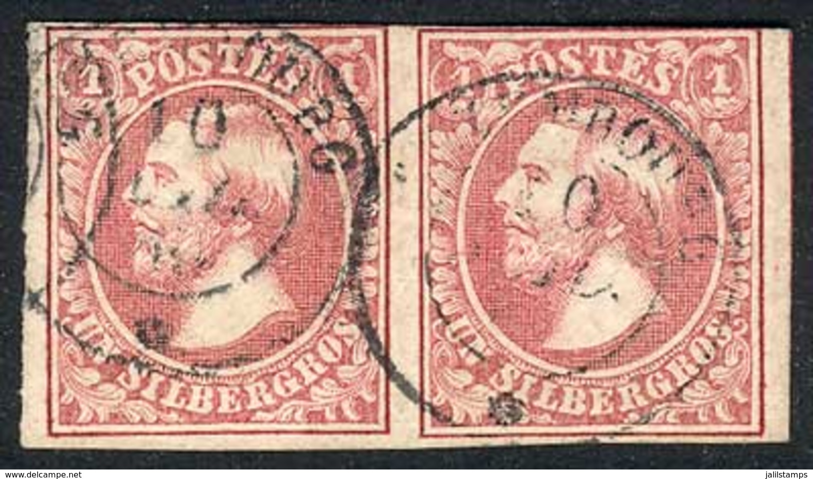 LUXEMBOURG: Sc.3, 1855 Grand Duke William 1Sg. Rose, Used PAIR, Fine Quality, Very Handsome, Catalog Value US$300. - Other & Unclassified