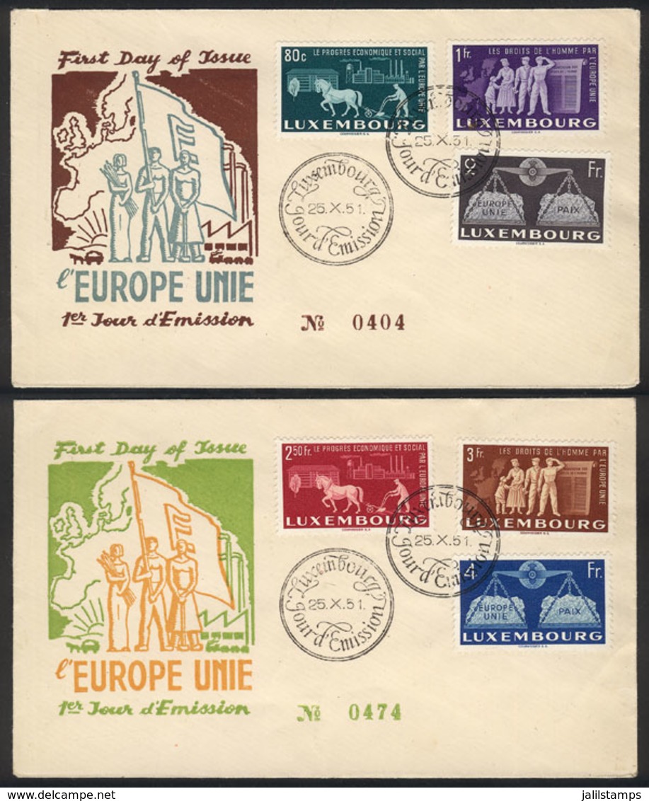 LUXEMBOURG: Yvert 443/448, 1951 For One Europe, Cmpl. Set Of 6 Values On 2 FDC Covers, Excellent Quality! - Other & Unclassified