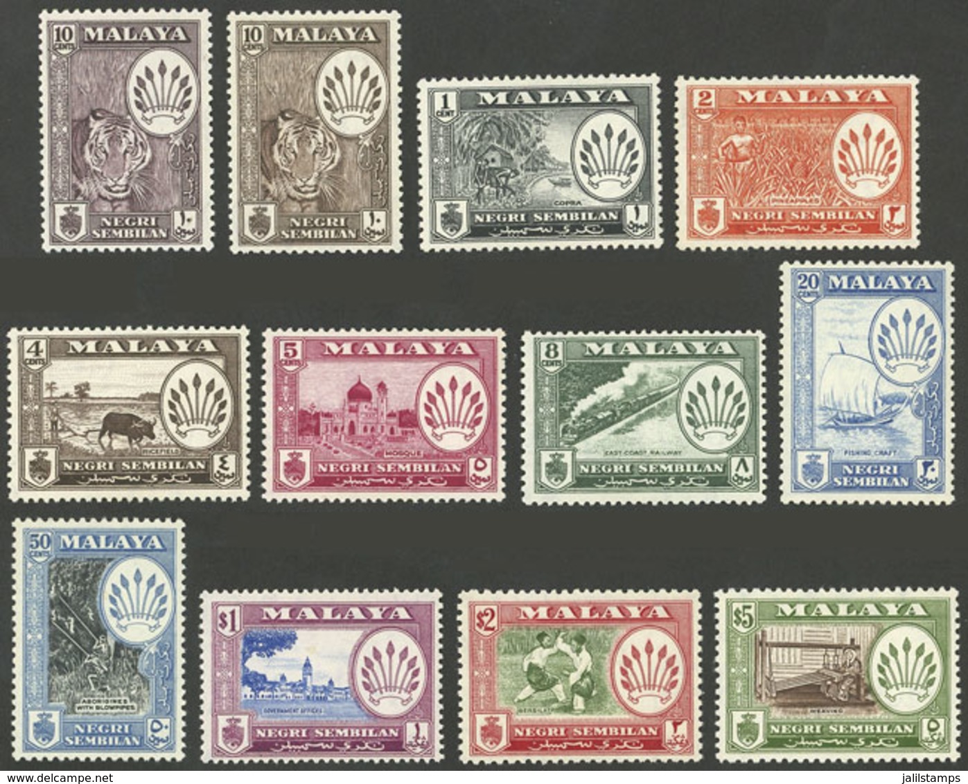 MALAYA - NEGRI SEMBILAN: Sc.64/74, 1957/63 Cmpl. Set Of 11 Values + The 10c. Value In 2 VERY DIFFERENT COLORS, MNH, Exce - Negri Sembilan