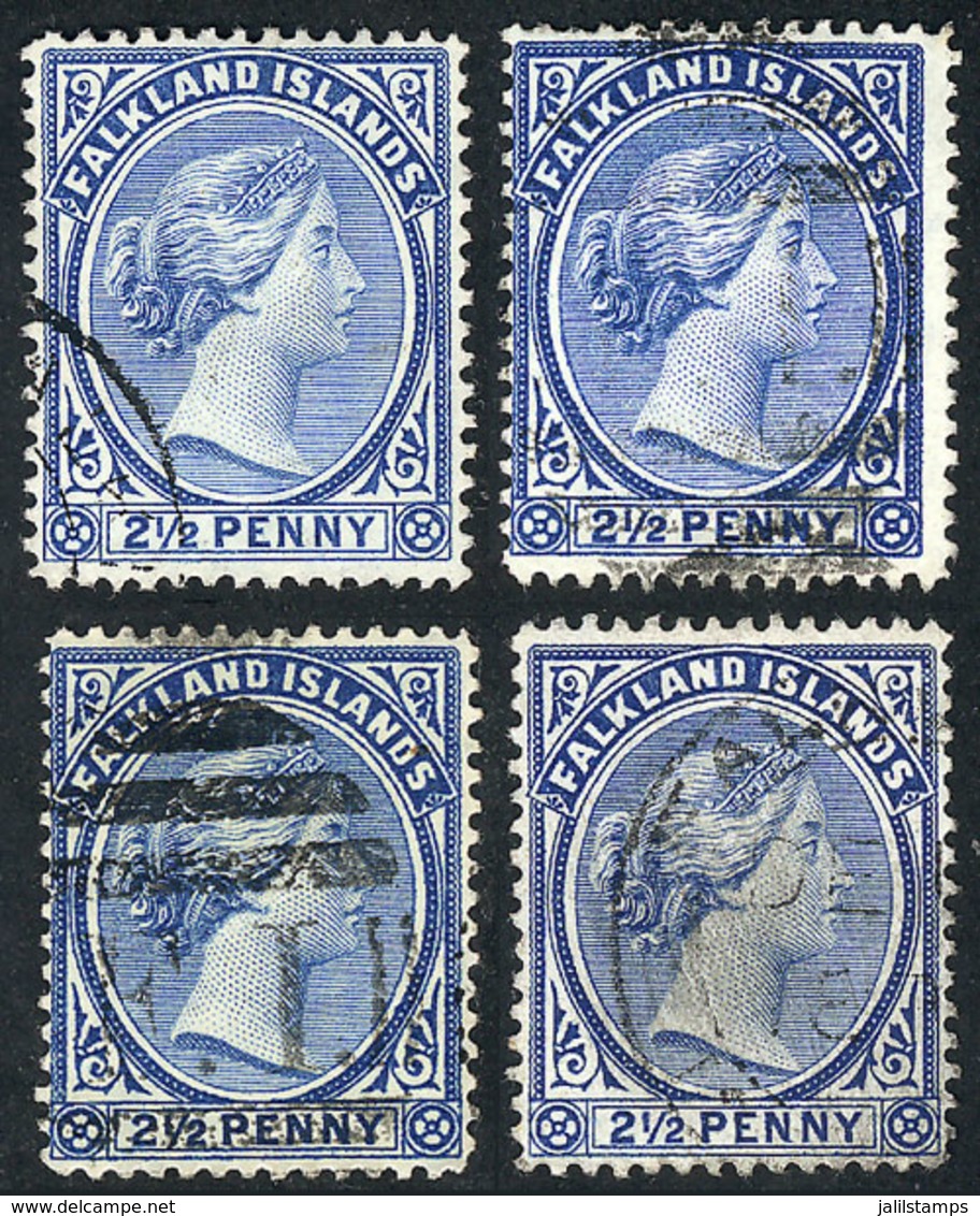 FALKLAND ISLANDS/MALVINAS: Sc.15 + Other Values, 1891/1902 2½p., 4 Used Examples, Varied Cancels And Color Shades, VF! - Falkland