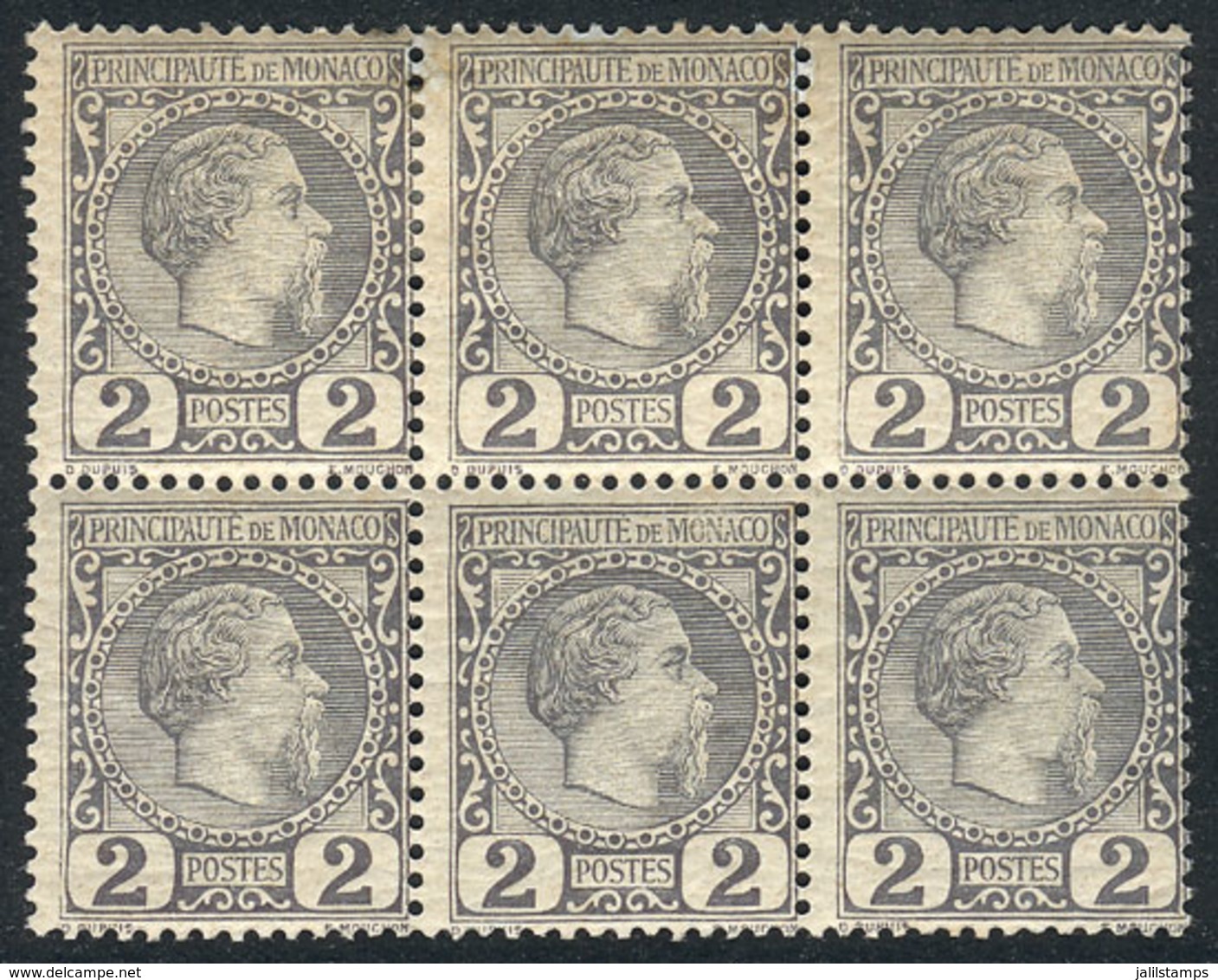 MONACO: Yvert 2, 1885 Prince Charles III 2c. Gray, Spectacular MINT BLOCK OF 6, Including 3 MNH Stamps, 2 Hinged And One - Other & Unclassified