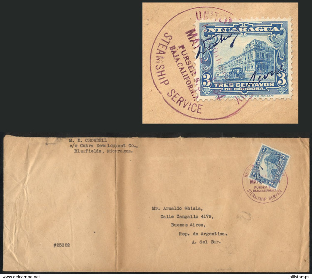 NICARAGUA - BLUEFIELDS: Cover Sent From Bluefields To Argentina On 25/MAY/1934 Franked With 3c. (Sc.514) With Overprinte - Nicaragua