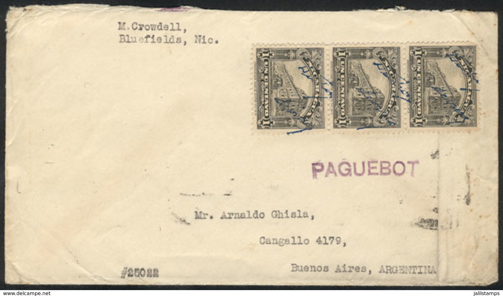 NICARAGUA - BLUEFIELDS: Cover Sent From Bluefields To Argentina Franked With 3c. (Sc.513 Strip Of 3) With Overprinted Co - Nicaragua