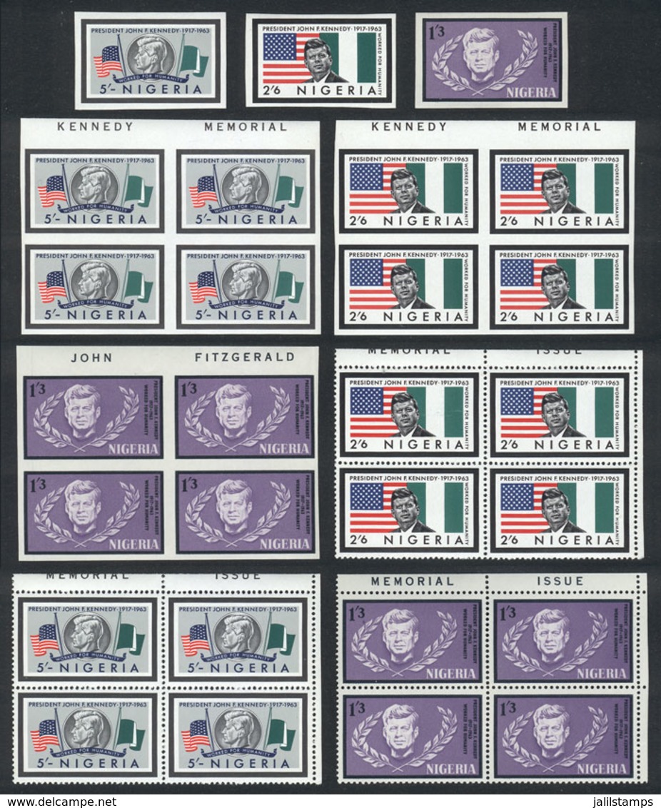 NIGERIA: Yv.155/7 (Michel 150/2), 1964 Kennedy, Set Of 3 Values In Perforated And IMPERFORATE Blocks Of 4. Also A Comple - Nigeria (1961-...)