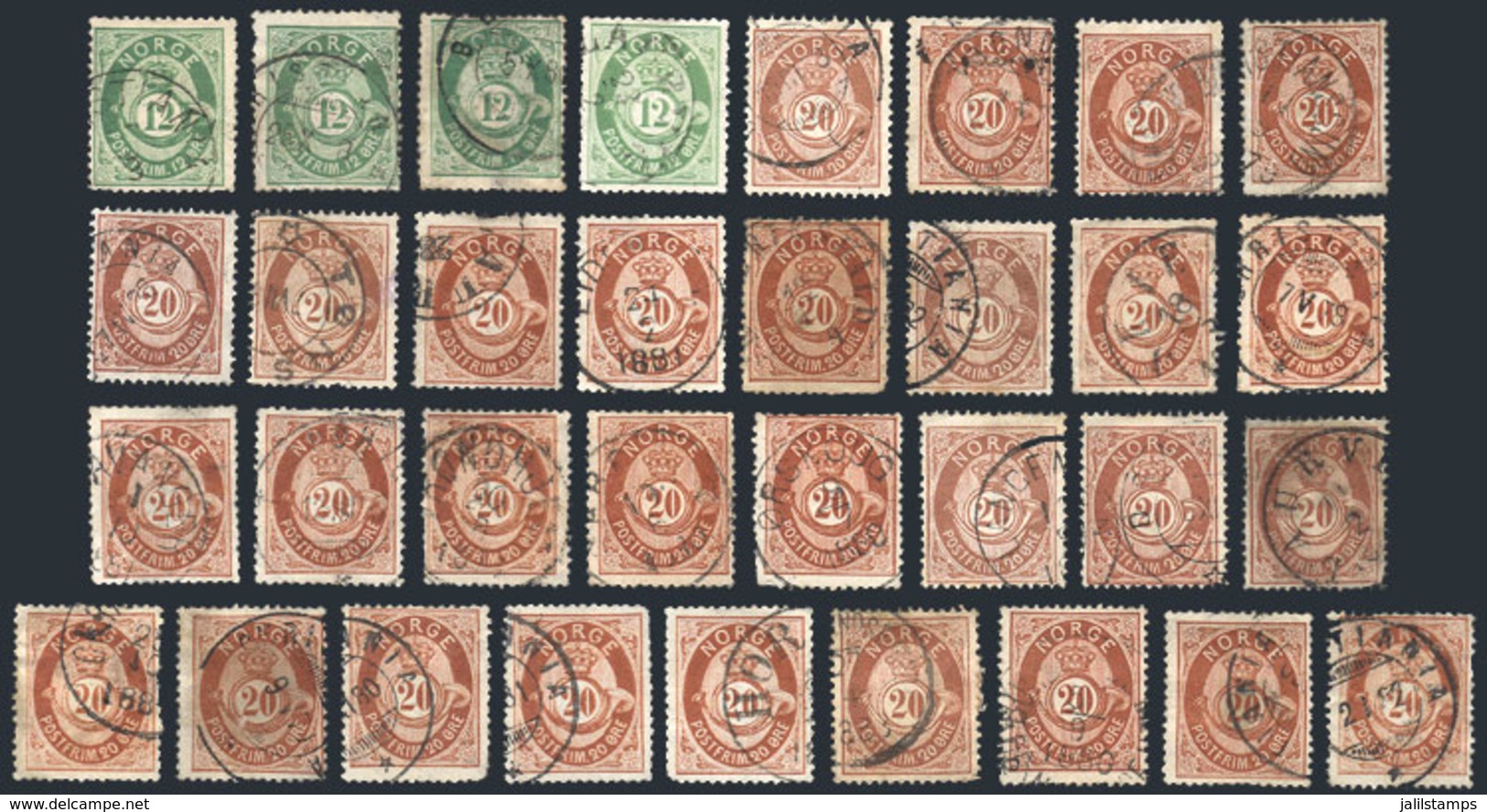 NORWAY: 1877 Issue: Sc.26 X4 + Sc.27 X29, All Used, With Some Interesting Cancels, Fine To VF General Quality, Catalog V - Other & Unclassified