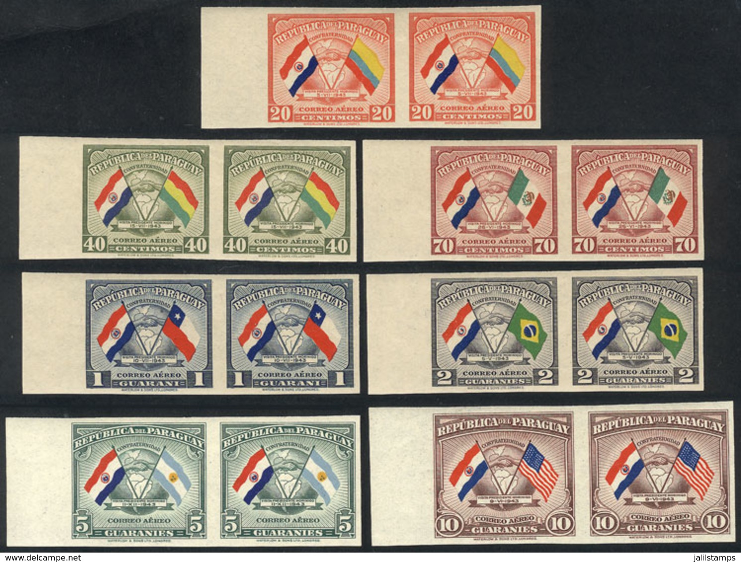 PARAGUAY: Sc.C147/C153, 1945 Flags Of Paraguay And Other Countries, Cmpl. Set Of 7 IMPERFORATE PAIRS, Excellent Quality, - Paraguay