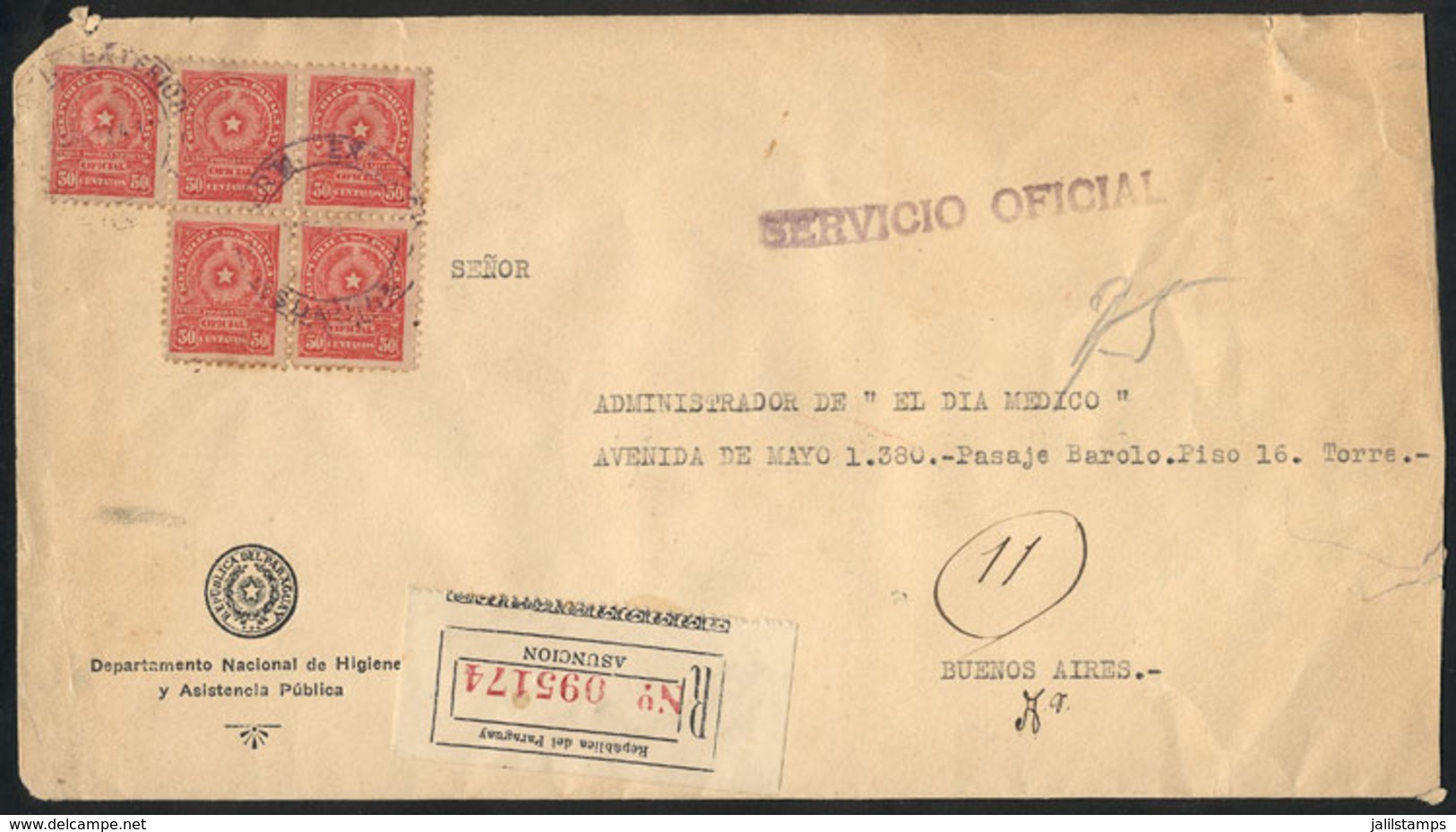 PARAGUAY: Official Cover Franked With 5x 50c. (Sc.O90) And Sent By Registered Mail To Argentina In August 1929, Fine Qua - Paraguay