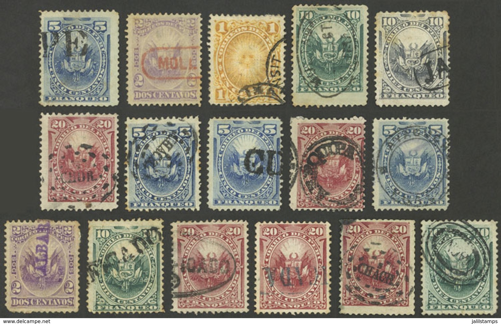 PERU: Sc.21 + Other Values, 16 Stamps With Interesting Cancels, Some Very Scarce, VF General Quality! - Perú