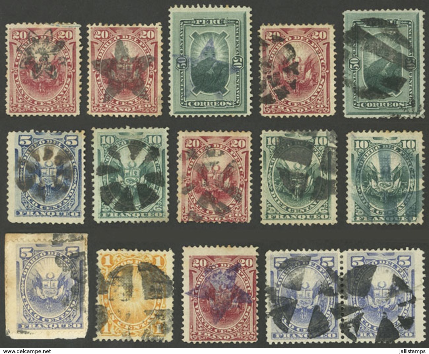 PERU: Sc.21 + Other Values, 15 Stamps With Attractive Mute Cancels, Most Of Very Fine Quality, The Expert Will Surely Fi - Peru