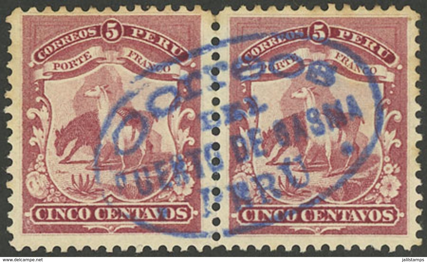 PERU: Sc.109, Pair With Complete Blue PUENTE DE CASMA Cancel, VF Quality, Rare! - Perú