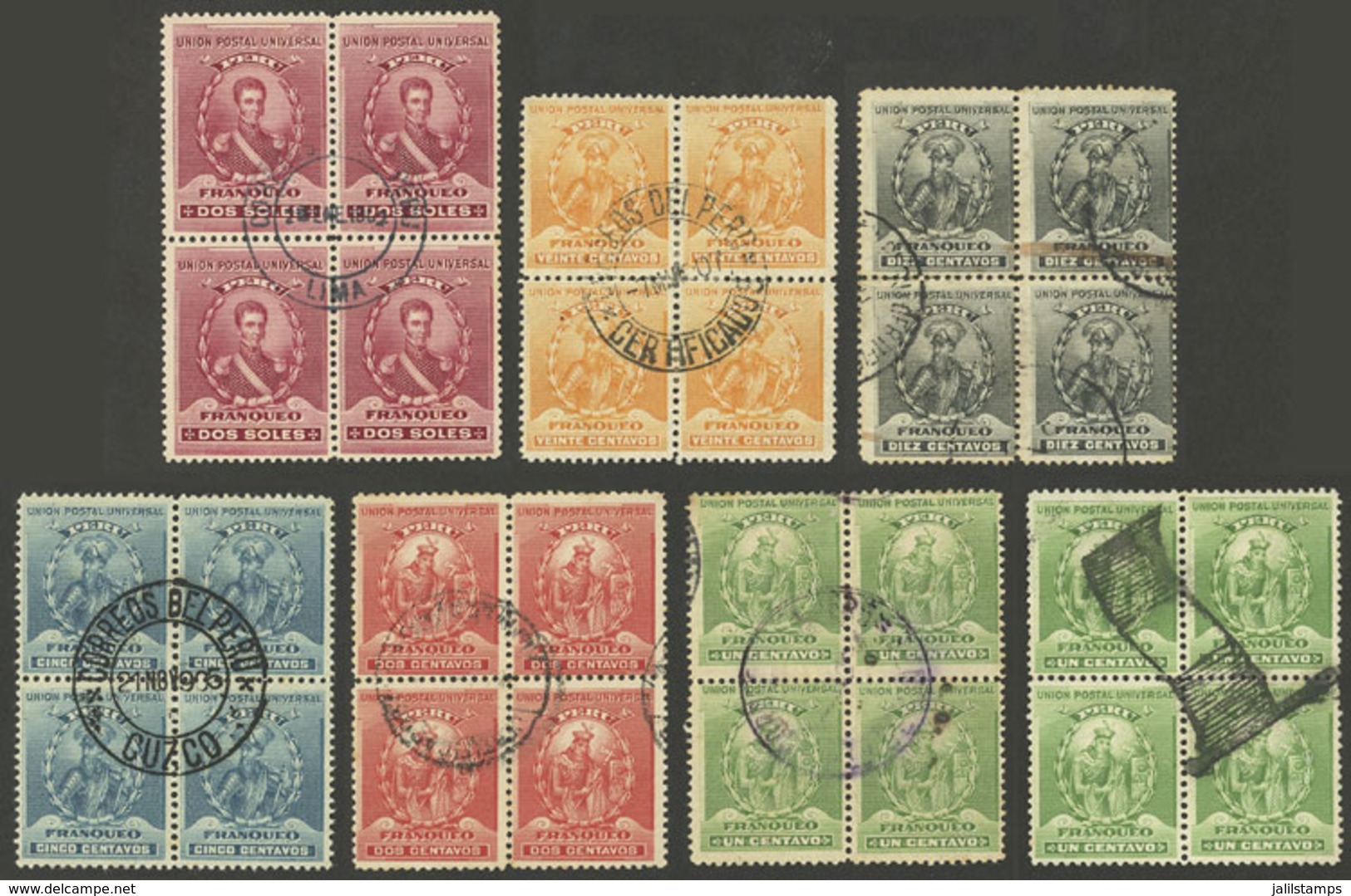 PERU: Sc.142 + Other Values, Lot Of 7 Used Blocks Of 4 (including The 2S.) With Nice Cancels, VF Quality! - Peru