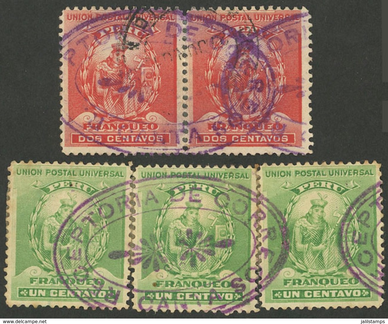 PERU: Sc.142, Re-joined Strip Of 3 + Sc.144 Pair, Both With Complete Violet "RECEPTORIA DE CORREOS - CANTA" In Oval, VF  - Peru