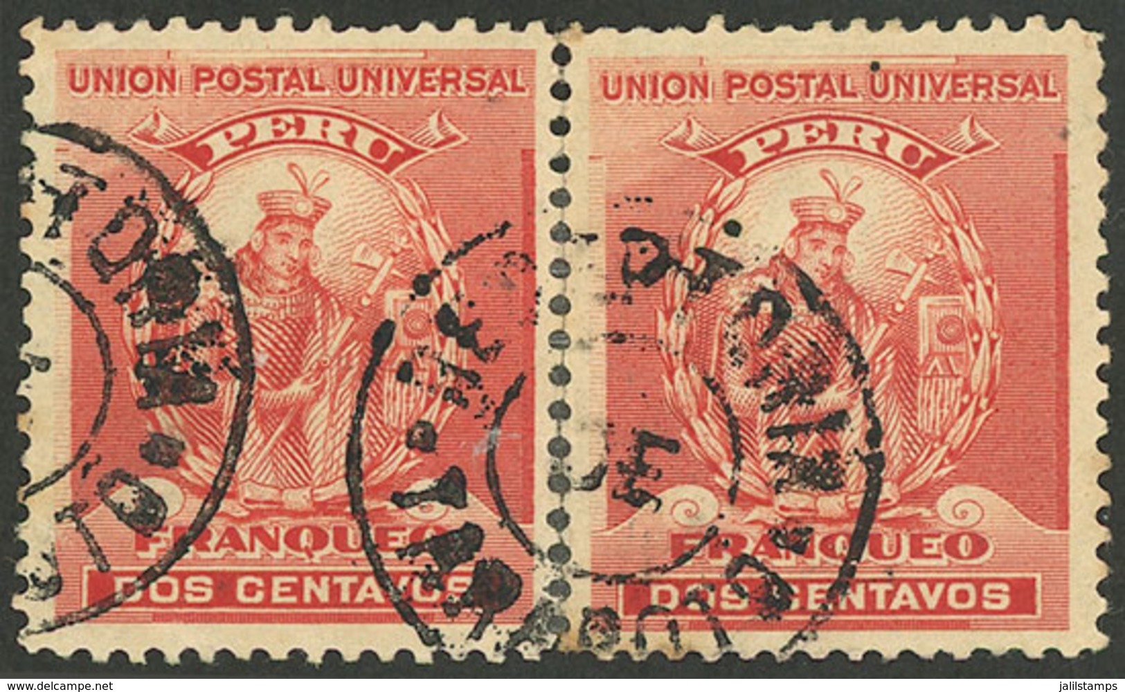 PERU: Sc.144, Re-joined Pair With Complete "RECEPTORIA DE TARAPOTO" Cancel, VF, Rare!" - Perú