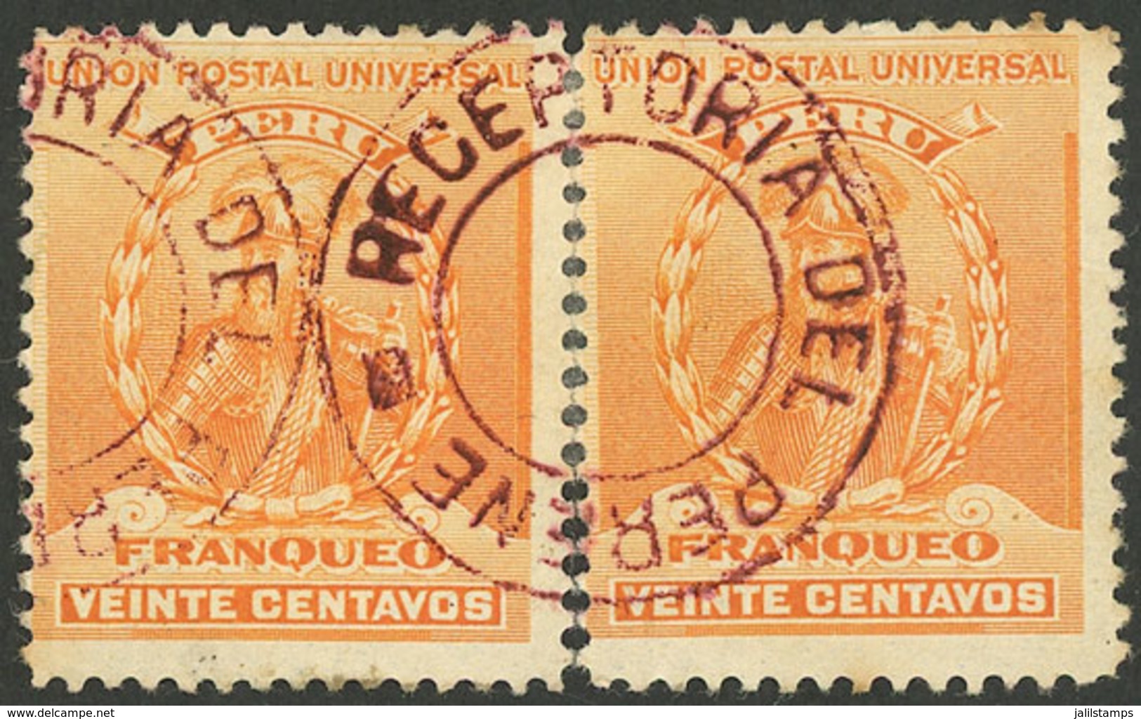 PERU: Sc.150, Re-joined Pair With Complete "RECEPTORIA DEL PERENE" In Dark Lilac, VF, Rare!" - Perú