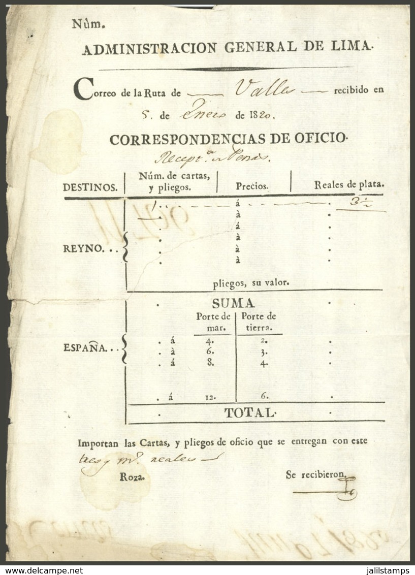 PERU: Correspondencia De Oficio, Mail Guide Sent From Lima To Receptoría De Penas On 5/JA/1820, Very Attractive! Ex-Herb - Peru