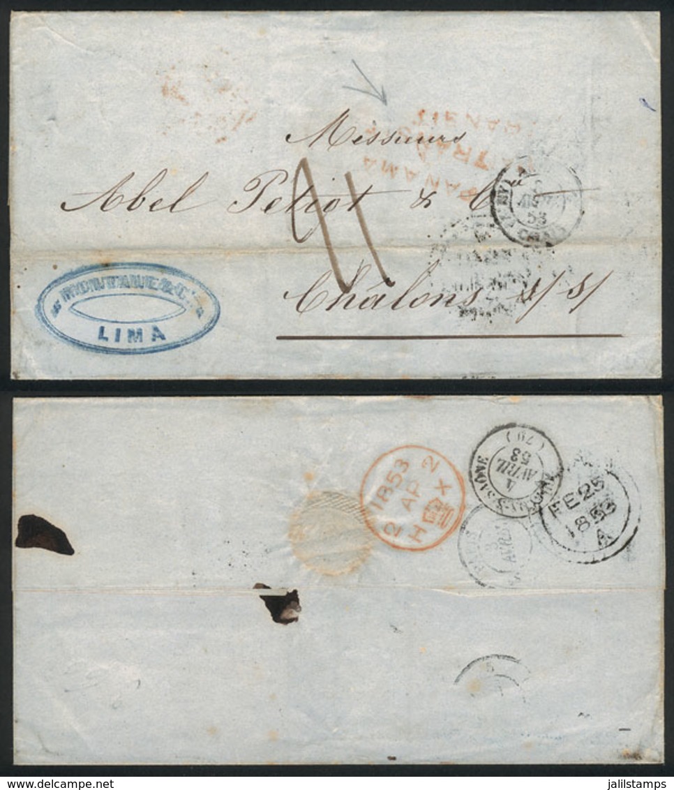 PERU: Folded Cover Sent From Lima To France On 12/FE/1853, With Transit Mark Of Panamá 25/FE, 2-line "PANAMA TRANSIT" In - Peru